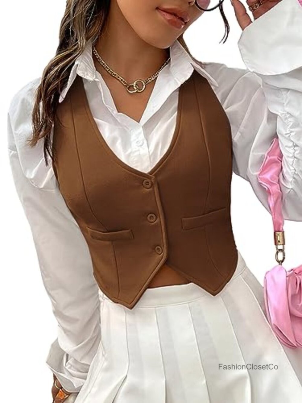 SweatyRocks Women's Button Front Crop Waistcoat V Neck Vest Top